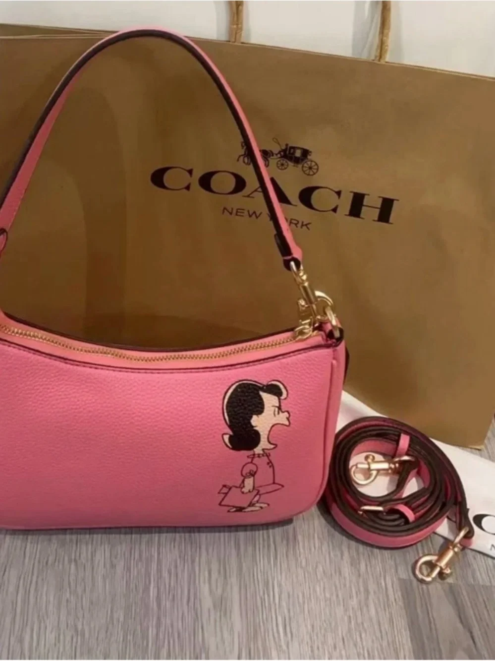 Coach Pink Peanuts Lucy Leather Shoulder Bag with Gold Hardware - Picture 5 of 5